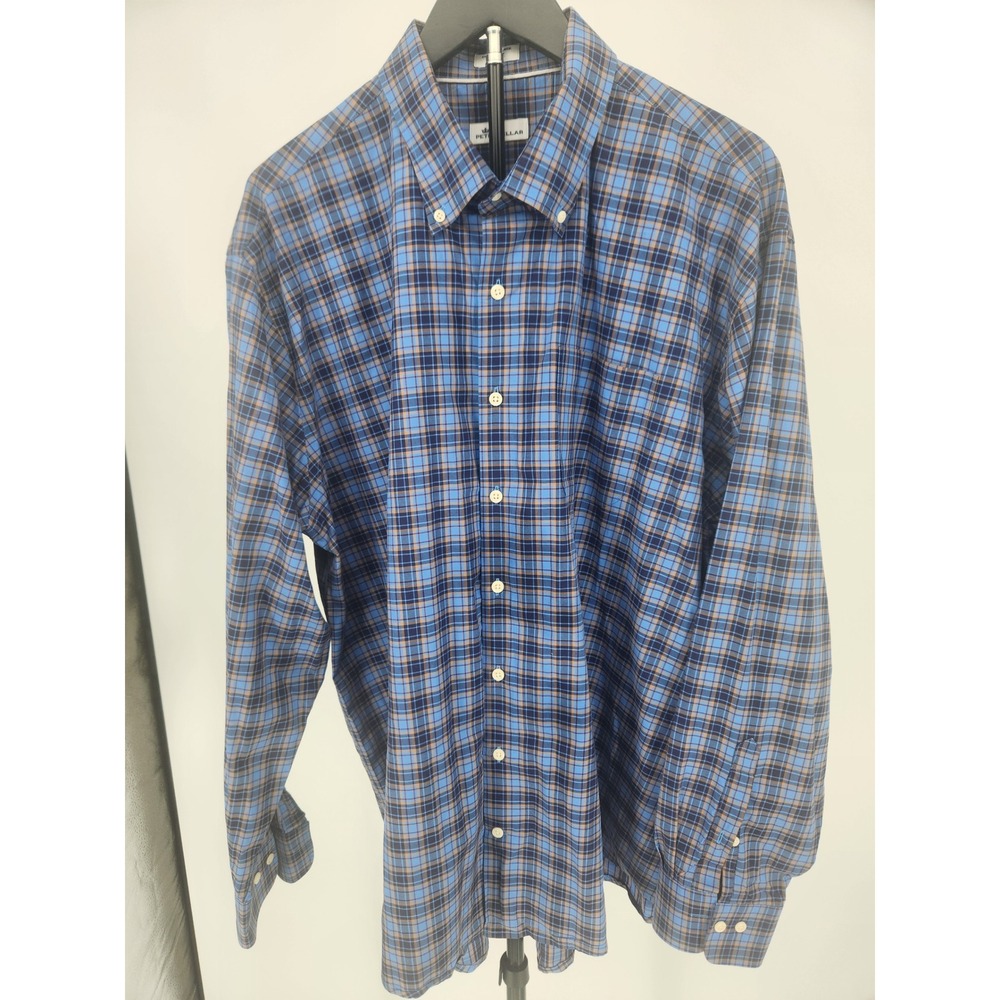 Peter Millar Mens XXL Blue Orange Plaid Cotton Button Down Long Sleeve Shirt